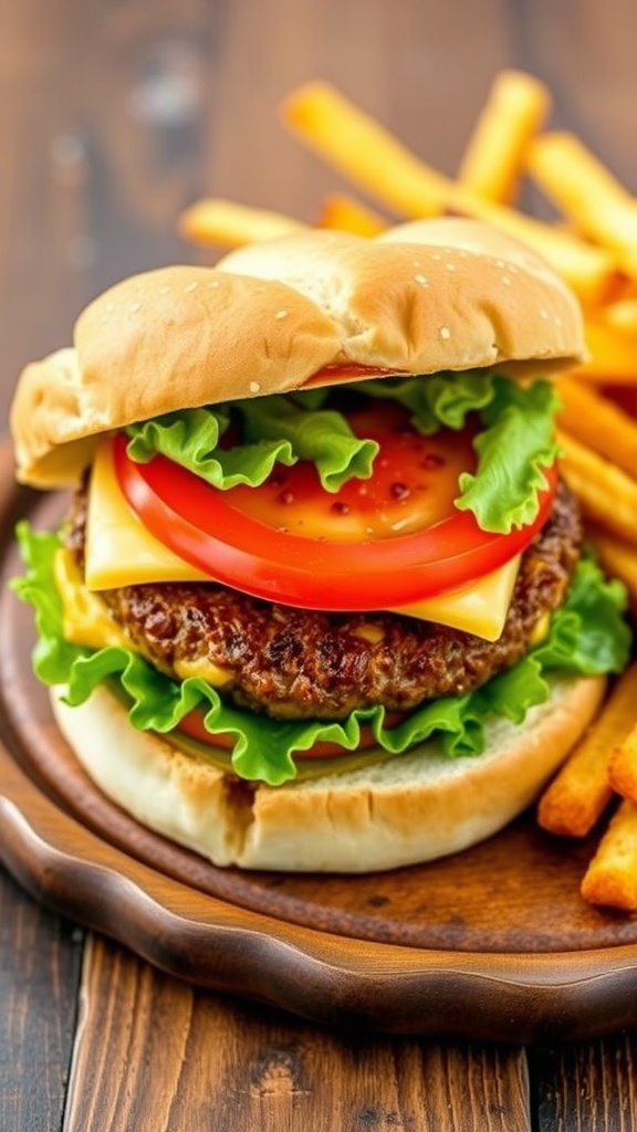 Juicy air fryer burger with lettuce, tomato, cheese on a toasted bun, served with fries on a rustic table.